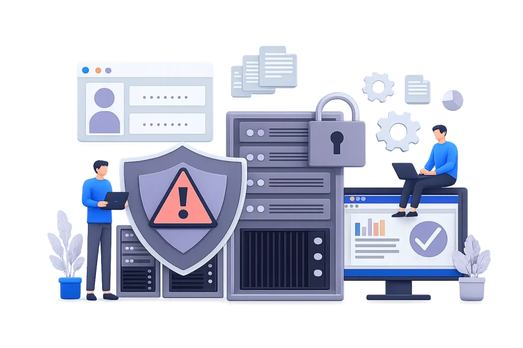 Illustration représentant un diagnostic de cybersécurité et d'infrastructure informatique avec analyse des serveurs et évaluation des vulnérabilités.
